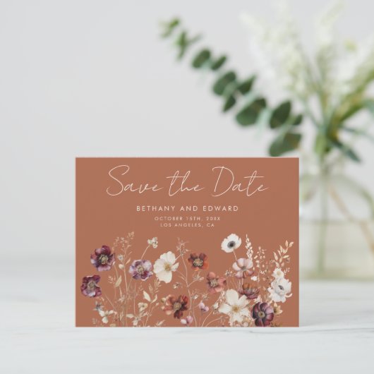 Boho Fall Wildblume Hochzeit speichern das Datum Postkarte (Stehend Vorderseite)