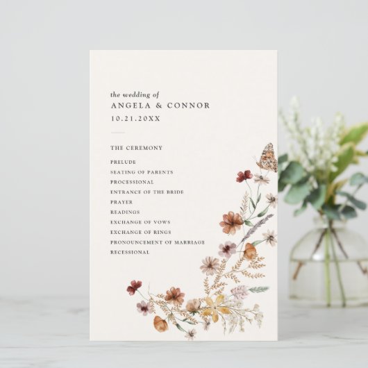 Boho Fall Wildblume Hochzeitsprogramm (Stehend Vorderseite)