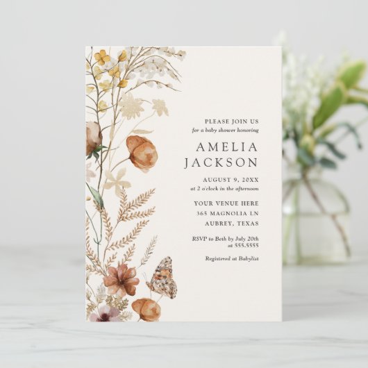 Boho Fall Wildblume Kinderdusche Einladung (Stehend Vorderseite)