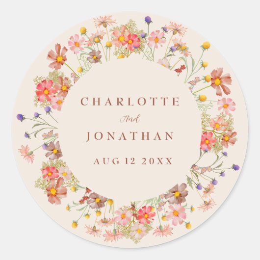 Boho Fall Wildblume Personalisiert Wedding Runder Aufkleber (Vorderseite)