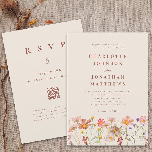 Boho Fall Wildblume Terracotta Beige Hochzeit Einladung