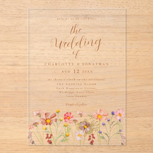 Boho Fall Wildblume Wedding Acryleinladungen (Vorderseite)