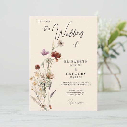 Boho Fall Wildblume Wedding Einladung (Stehend Vorderseite)