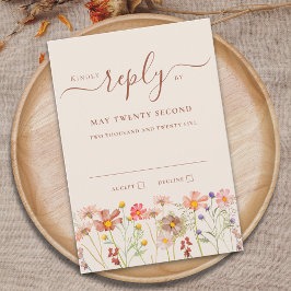 Boho Fall Wildflower Beige Terracotta Rust Wedding RSVP Karte