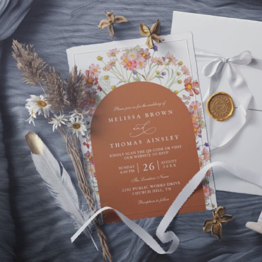Boho Fall Wildflower Terracotta QR Code Wedding Einladung