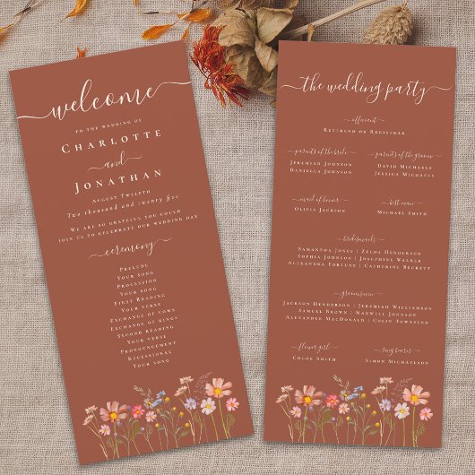 Boho Fall Wildflower Terracotta Wedding Ceremony Menükarte