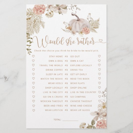 Boho Fall Würde sie lieber Brautparty Spiel (Vorderseite)