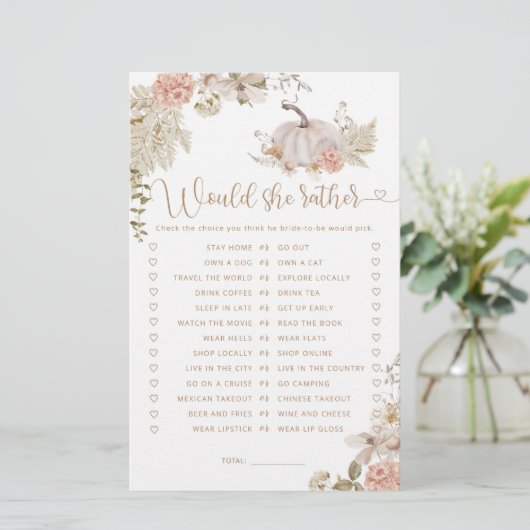 Boho Fall Würde sie lieber Brautparty Spiel (Stehend Vorderseite)