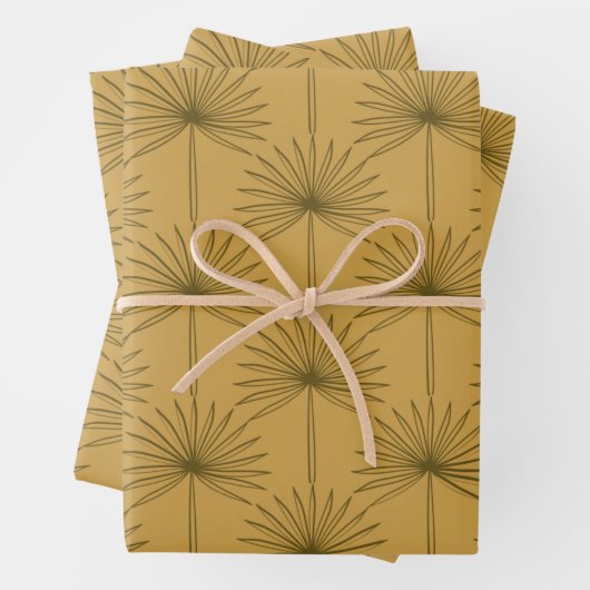 Boho Fan Palm Leaf Botanische Linie Zeichnend Senf Geschenkpapier Set (Beispiel)