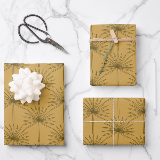 Boho Fan Palm Leaf Botanische Linie Zeichnend Senf Geschenkpapier Set (Vorderseite)