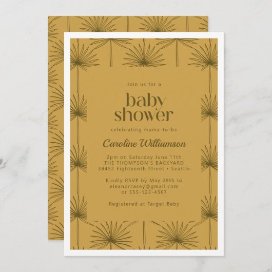 Boho Fan Palm Leaf Botanische Mustard Baby Dusche Einladung (Vorne/Hinten)