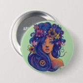 Boho Fantasy Woman mit Blumenhaar Button (Vorne & Hinten)