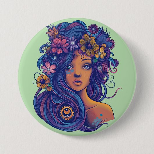 Boho Fantasy Woman mit Blumenhaar Button (Vorderseite)