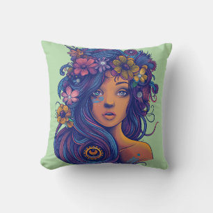 Boho Fantasy Woman mit Blumenhaar Kissen