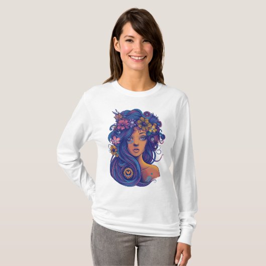 Boho Fantasy Woman mit Blumenhaar T-Shirt (Vorne ganz)