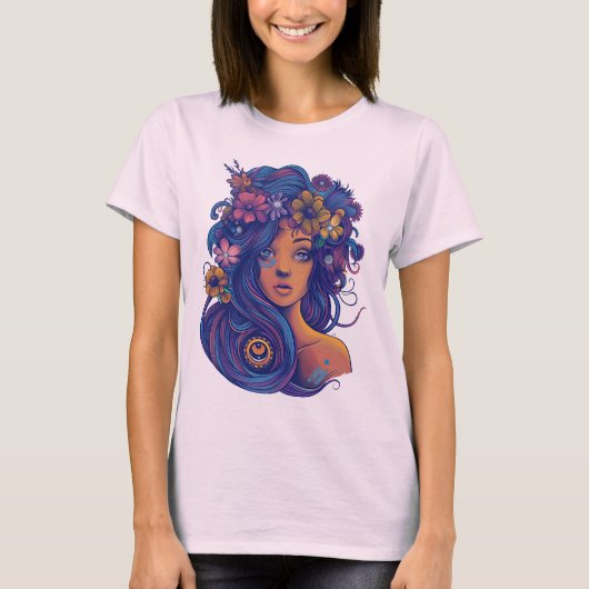Boho Fantasy Woman mit Blumenhaar T-Shirt (Vorderseite)
