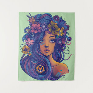 Boho Fantasy Woman mit Blumenhaar Wandteppich