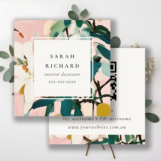 Boho farbenfroh rosa, Aquamarin gestrichen, floral Quadratische Visitenkarte