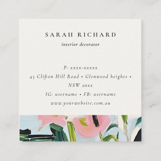 Boho farbenfroh rosa blaugrün gestrichene Blumenlo Quadratische Visitenkarte (Rückseite)