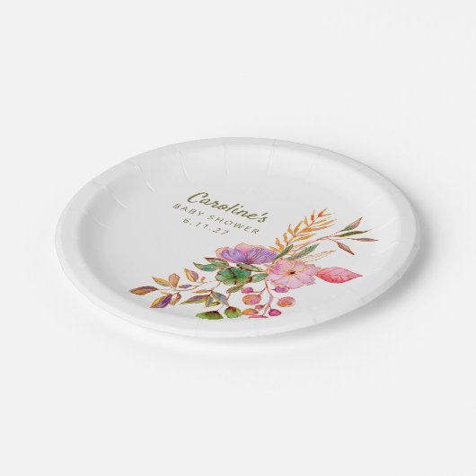 Boho farbenfrohe Aquarellblütendusche Baby Custom Pappteller (Schrägansicht)