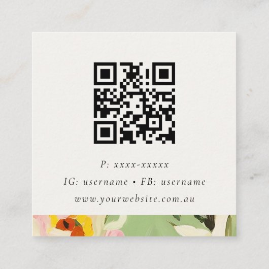 Boho farbenfroher grüner rosa gestrichener, floral quadratische visitenkarte (Rückseite)