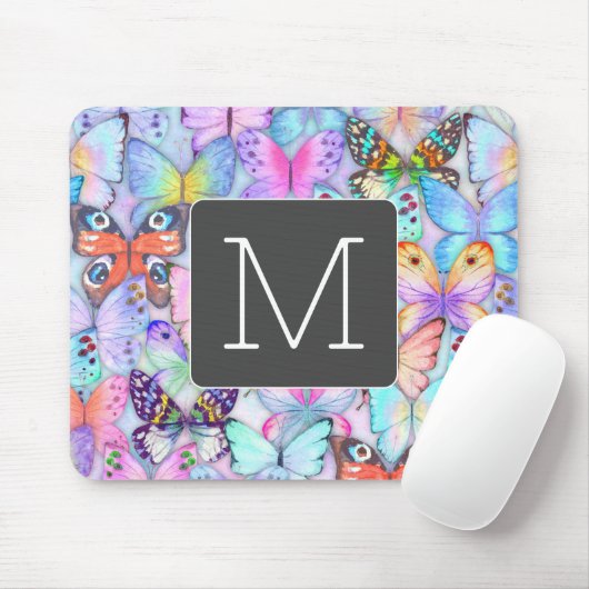 Boho farbige Schmetterlingsmuster Initial Blue Mousepad (Mit Mouse)