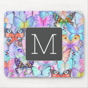 Boho farbige Schmetterlingsmuster Initial Blue Mousepad