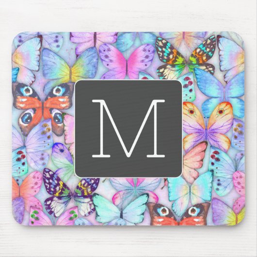 Boho farbige Schmetterlingsmuster Initial Blue Mousepad (Vorne)