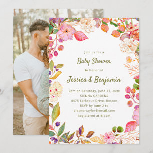 Boho-farbige Wasserfarben-Blumen-Baby-Party-Foto Einladung