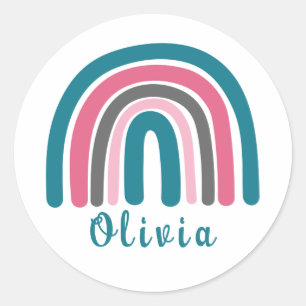 Boho farbiger Regenbogen mit Personalisiertem Name Runder Aufkleber