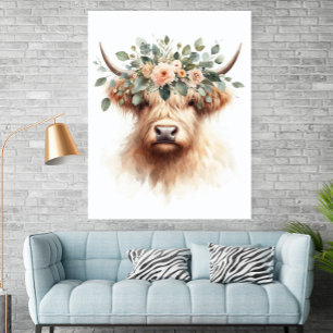 Boho-Farmhouse-Kuh-Druck mit floraler Krone Poster