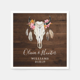 Boho Feather Antler Skull Dark Wood Wedding Serviette