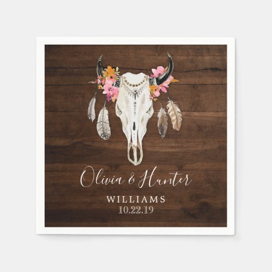 Boho Feather Antler Skull Dark Wood Wedding Serviette (Vorderseite)