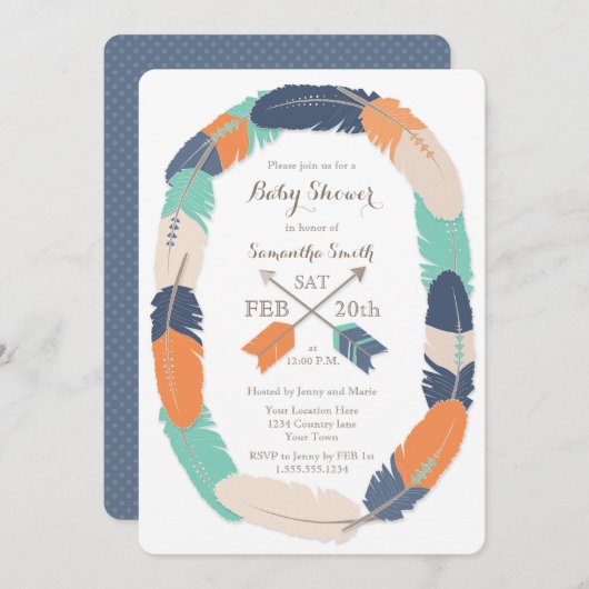 Boho Feather & Arrow Navy Orange Aquamarin Baby Sh Einladung (Vorne/Hinten)