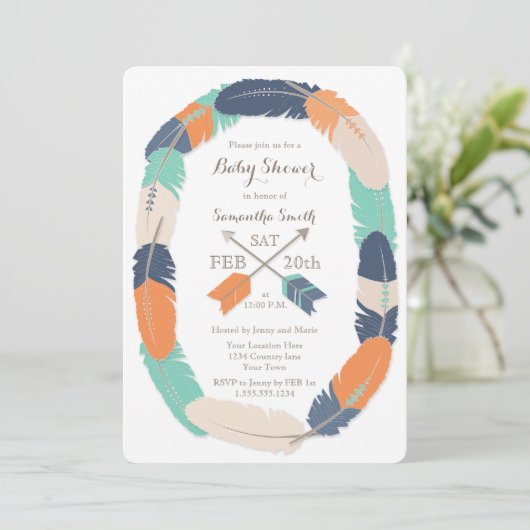 Boho Feather & Arrow Navy Orange Aquamarin Baby Sh Einladung (Stehend Vorderseite)