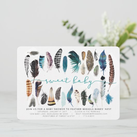 Boho Feather Baby Shower Einladung (Stehend Vorderseite)