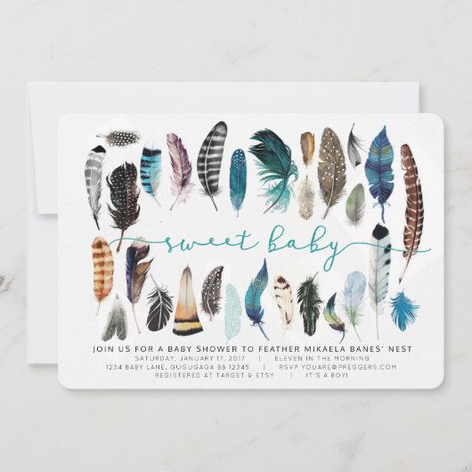 Boho Feather Baby Shower Einladung (Vorderseite)