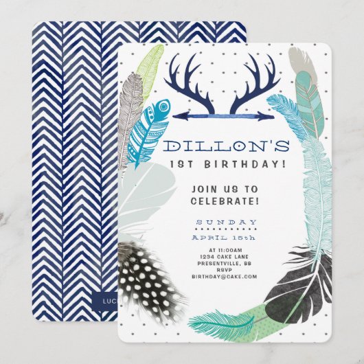 Boho Feather Birthday Einladung (Vorne/Hinten)