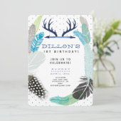 Boho Feather Birthday Einladung (Stehend Vorderseite)