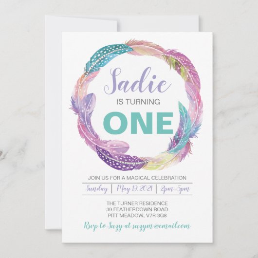 Boho Feather Birthday Einladung (Vorderseite)