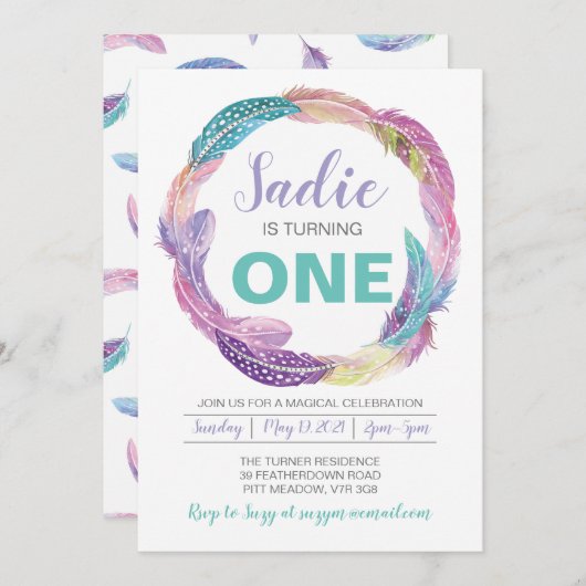 Boho Feather Birthday Einladung (Vorne/Hinten)