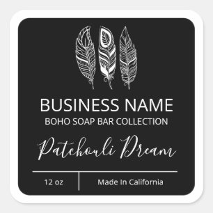Boho Feather Black Soap Bar Labels Quadratischer Aufkleber