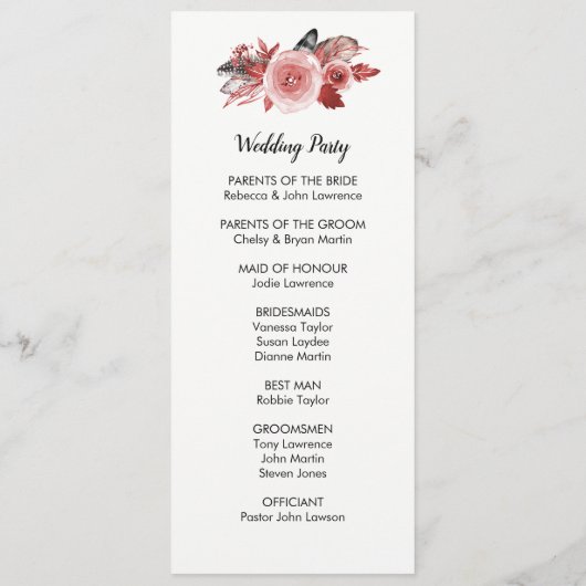 Boho Feather Burgund Rose Hochzeitsprogramme Programm (Rückseite)