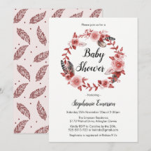 Boho Feather Burgundy Blush Baby Shower Einladung