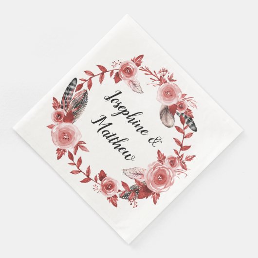 Boho Feather Burgundy Rose Wasserfarbener Kranz Serviette (Ecke)