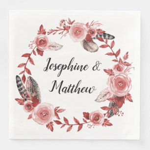 Boho Feather Burgundy Rose Wasserfarbener Kranz Serviette