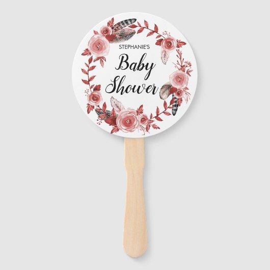 Boho Feather Burgundy Rose Wreath Baby Shower Fächer (Vorderseite)