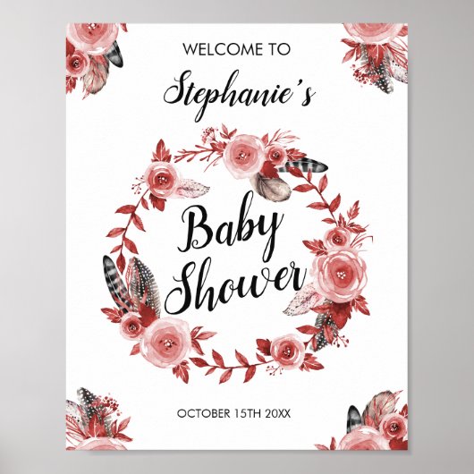 Boho Feather Burgundy Rose Wreath Baby Shower Poster (Vorne)