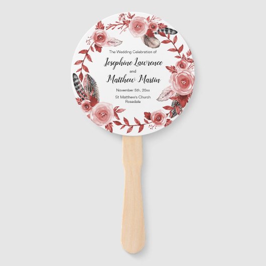 Boho Feather Burgundy Rose Wreath Weddingprogramme Fächer (Vorderseite)