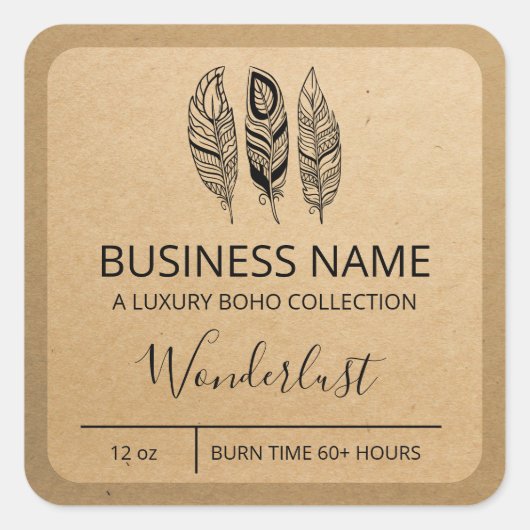 Boho Feather Design Kraft Paper Soy Candle Labels Quadratischer Aufkleber (Vorderseite)
